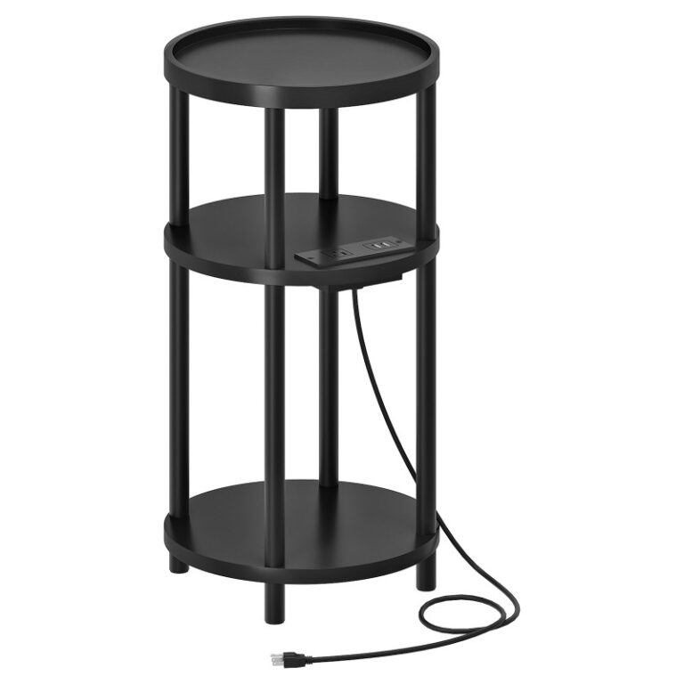 Μαύρο μικρό στρογγυλό τραπέζι με σταθμό φόρτισης, 3-Στρογγυλό τραπέζι από μπαμπού, Συμπαγής καναπές κρεβατοκάμαρα για μικρό χώρο, Εύκολη συναρμολόγηση, για Σαλόνι, Υπνοδωμάτιο, Διαμέρισμα