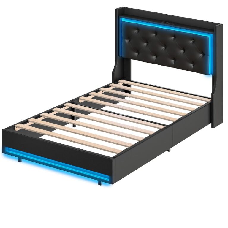 إطار سرير مزدوج مع اللوح الأمامي, إطار سرير منجد مع محطة شحن وضوء LED, إطار منصة المعادن والشرائح الخشبية, لا حاجة إلى بوكس ​​سبرينغز, بلا ضجة, أسود