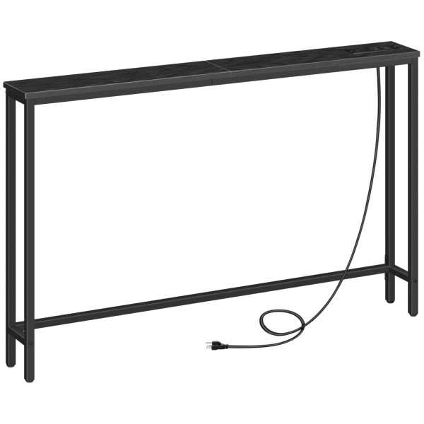 Slim Console Table with Power Outlets, Narrow Behind-Couch Table Integrated with Charging Station, Long Thin Sofa Side Table for Entryway and Living Room, Black Finish