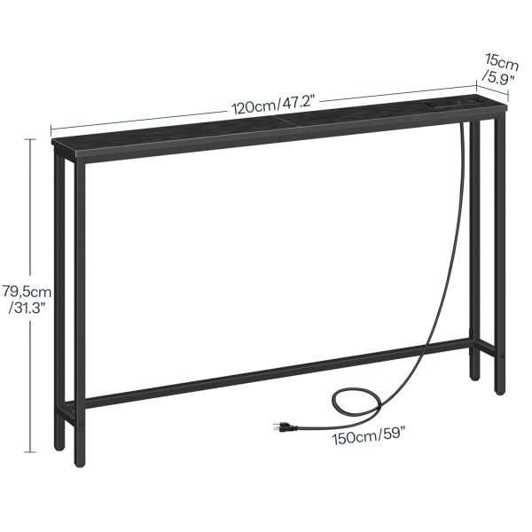 Slim Console Table with Power Outlets, Narrow Behind-Couch Table Integrated with Charging Station, Long Thin Sofa Side Table for Entryway and Living Room, Black Finish