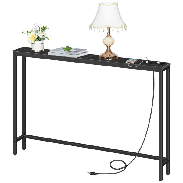 Slim Console Table with Power Outlets, Narrow Behind-Couch Table Integrated with Charging Station, Long Thin Sofa Side Table for Entryway and Living Room, Black Finish