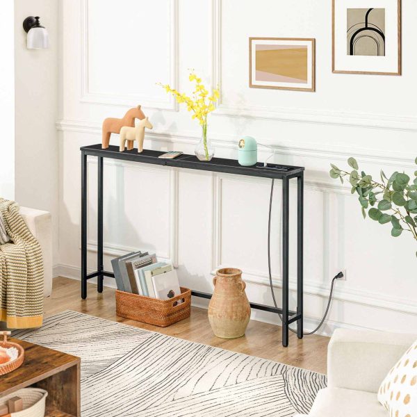 Slim Console Table with Power Outlets, Narrow Behind-Couch Table Integrated with Charging Station, Long Thin Sofa Side Table for Entryway and Living Room, Black Finish