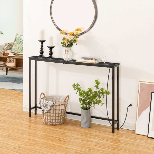 Slim Console Table with Power Outlets, Narrow Behind-Couch Table Integrated with Charging Station, Long Thin Sofa Side Table for Entryway and Living Room, Black Finish