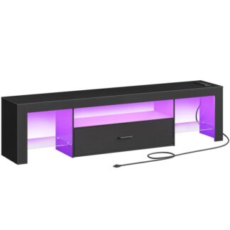 160CM черный светодиодный стенд с силовыми розетками в 75 дюйм телевизор, Игровой развлекательный центр со стеклянными полками и большим ящиком, Современный СМИ ТВ -консольный стол для гостиной спальни