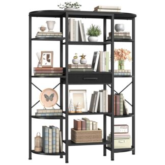 HOOBRO 5-Tier Tall Bookshelf, Industrial Bookcase with 12 Open Shelves and Fabric Drawer, Freestanding Storage Rack, Display Shelf, Triple Book Shelf for Living Room, Home Office, Black