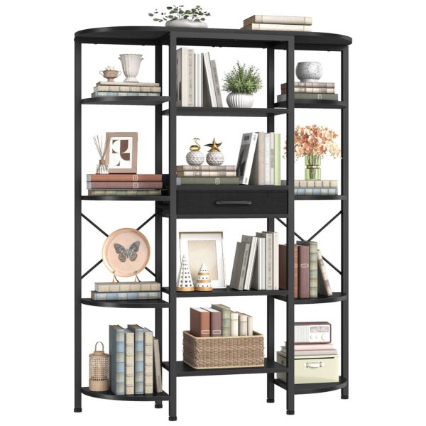 HOOBRO 5-Tier Tall Bookshelf, Industrial Bookcase with 12 Open Shelves and Fabric Drawer, Freestanding Storage Rack, Display Shelf, Triple Book Shelf for Living Room, Home Office, Black