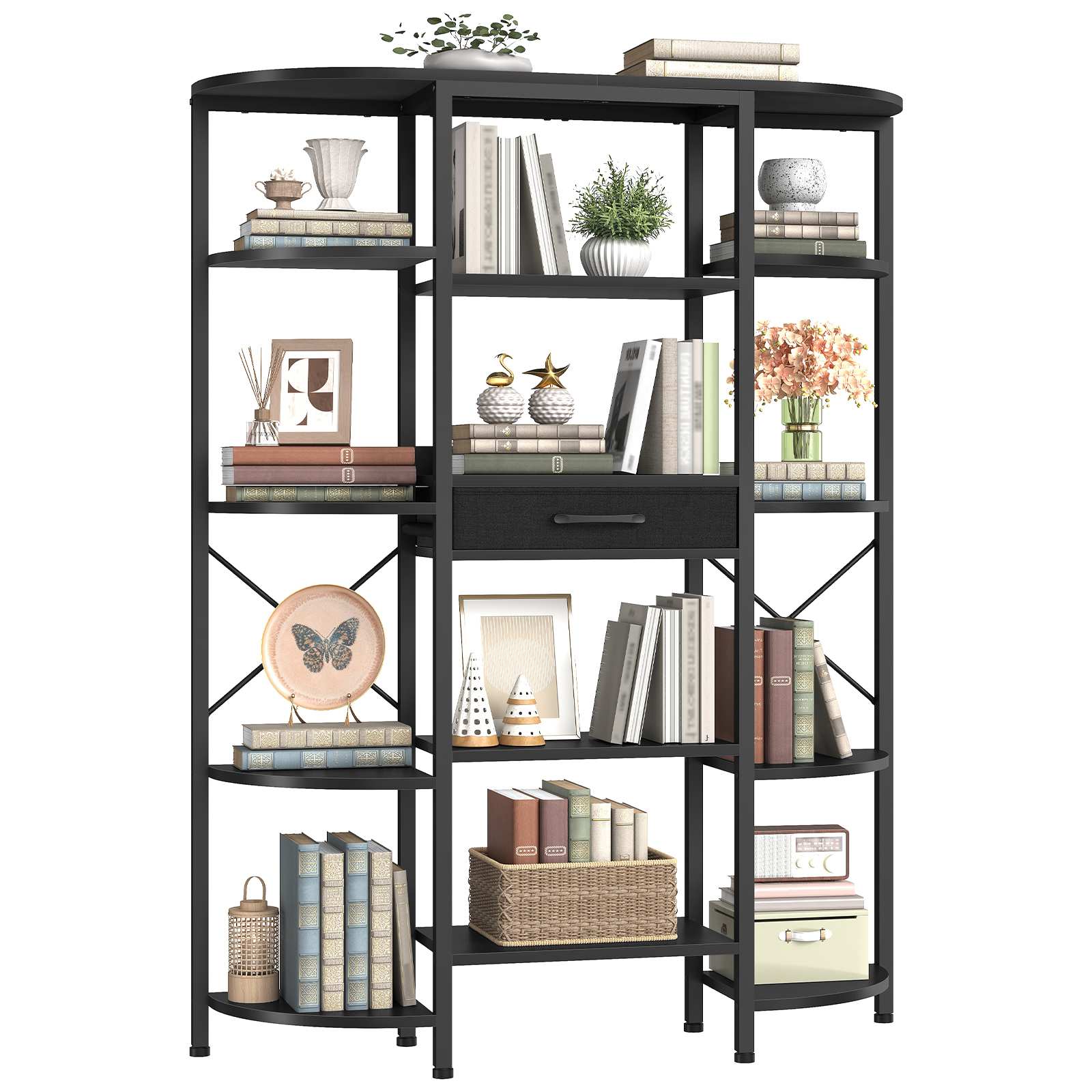 HOOBRO 5-Tier Tall Bookshelf, Industrial Bookcase with 12 Open Shelves and Fabric Drawer, Freestanding Storage Rack, Display Shelf, Triple Book Shelf for Living Room, Home Office, Black