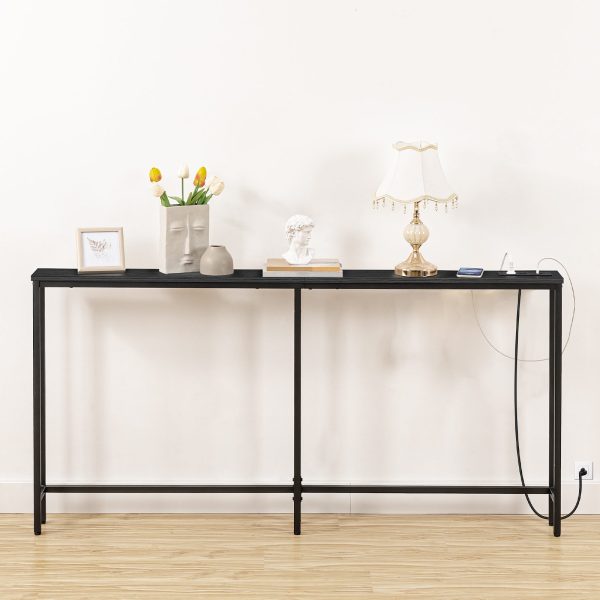 5.9-Inch Narrow Console Table with Integrated Charging Station, 63-Inch Slim Sofa Table Equipped with Power Outlets & USB Ports, Multi-Functional Entryway Table for Residential & Commercial Spaces, Black Finish