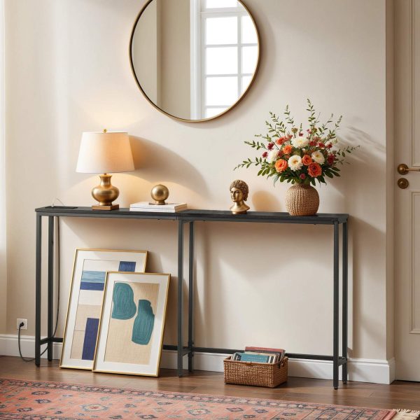 5.9-Inch Narrow Console Table with Integrated Charging Station, 63-Inch Slim Sofa Table Equipped with Power Outlets & USB Ports, Multi-Functional Entryway Table for Residential & Commercial Spaces, Black Finish