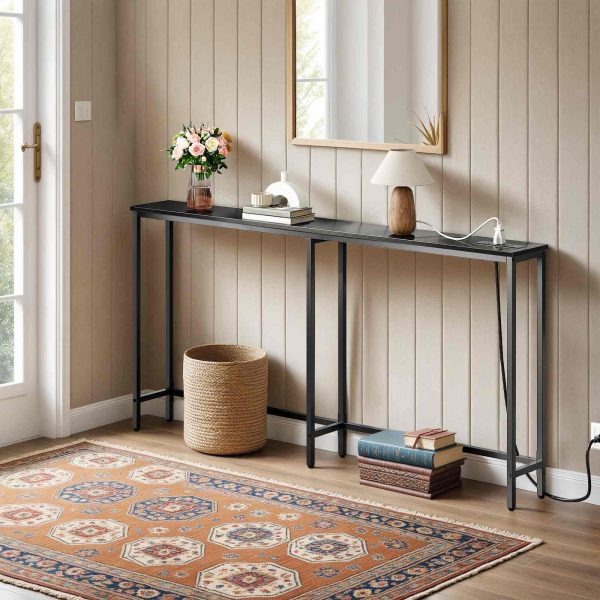 5.9-Inch Narrow Console Table with Integrated Charging Station, 63-Inch Slim Sofa Table Equipped with Power Outlets & USB Ports, Multi-Functional Entryway Table for Residential & Commercial Spaces, Black Finish