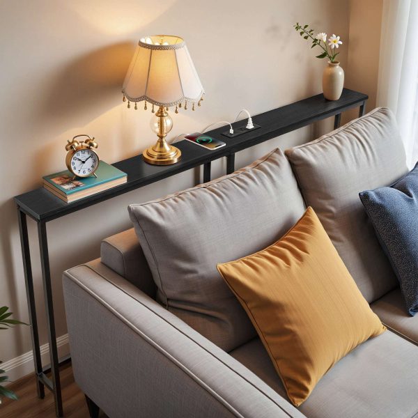 5.9-Inch Narrow Console Table with Integrated Charging Station, 63-Inch Slim Sofa Table Equipped with Power Outlets & USB Ports, Multi-Functional Entryway Table for Residential & Commercial Spaces, Black Finish