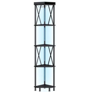 Kulmahylly LED -valolla, 5-Tier Corner Storage -teline, Pitkä seisova näyttöhylly, Säilytyshylly viinilasien pidikkeellä, Kulmakirjahylly seinän nurkkaan, Musta