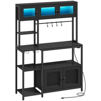 Black Bakers -teline sähkö- ja LED -valolla, 45.3 Tuuman mikroaaltouuni hyllyillä, Kahvilabaari viinihyllyssä & 4-S -koukut, Keittiön hyödyllisyysvarastohylly kaappilla