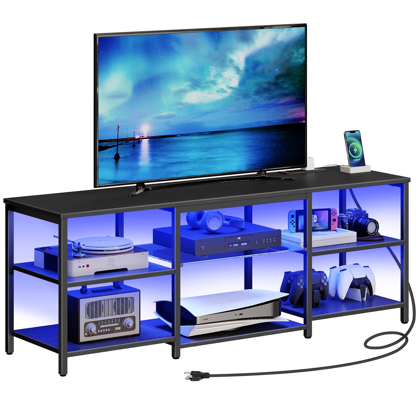 Zintegrowany stojak pod telewizor LED do telewizorów 65 cali z wbudowaną stacją ładującą, 3-Centrum rozrywki dla graczy z otwartą pamięcią masową, Długi stół multimedialny do salonu i sypialni, Czarne wykończenie