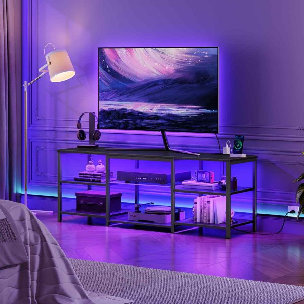 Zintegrowany stojak pod telewizor LED do telewizorów 65 cali z wbudowaną stacją ładującą, 3-Centrum rozrywki dla graczy z otwartą pamięcią masową, Długi stół multimedialny do salonu i sypialni, Czarne wykończenie