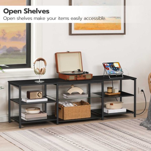 Zintegrowany stojak pod telewizor LED do telewizorów 65 cali z wbudowaną stacją ładującą, 3-Centrum rozrywki dla graczy z otwartą pamięcią masową, Długi stół multimedialny do salonu i sypialni, Czarne wykończenie