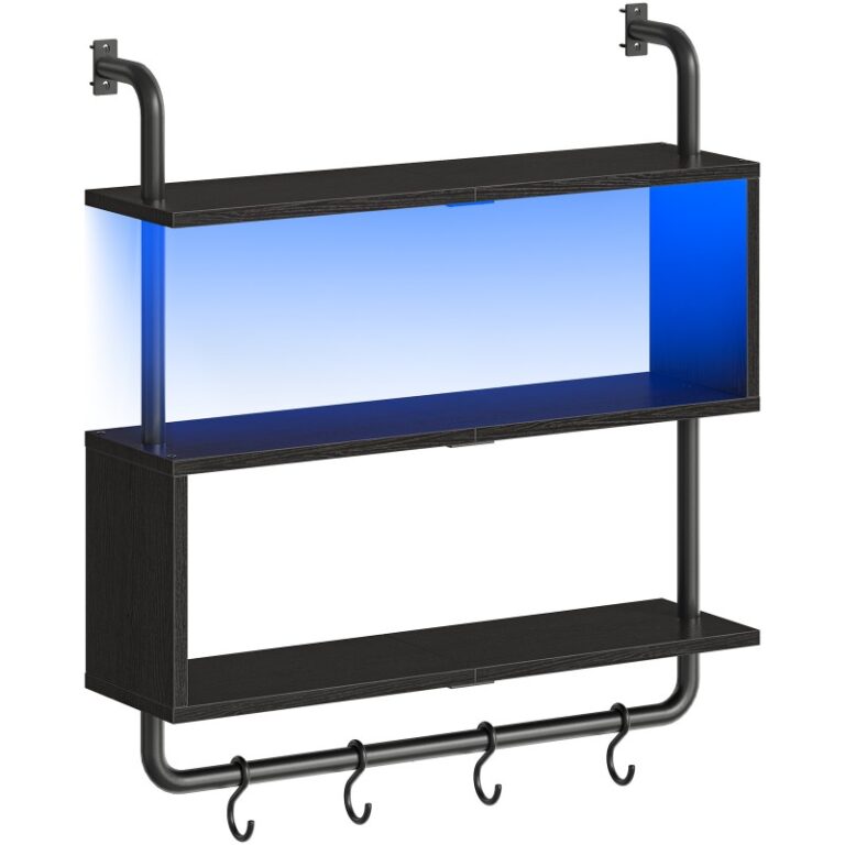 Black Floating Wall Shelves with LED Lights, Floating Shelf Wall Mounted for Storage, S Shaped Display Stand with 4 Hooks, for Livingroom, Bedroom, Bathroom, Kitchen