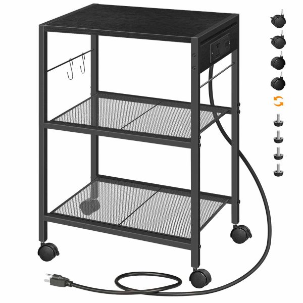 Industrial Printer Stand, 3-Tier Mobile Printer Table, Rolling Cart with Power Outlets and USB Ports, Home Printer Stand with 2 Hooks, Suitable for Office and Living Room, Black