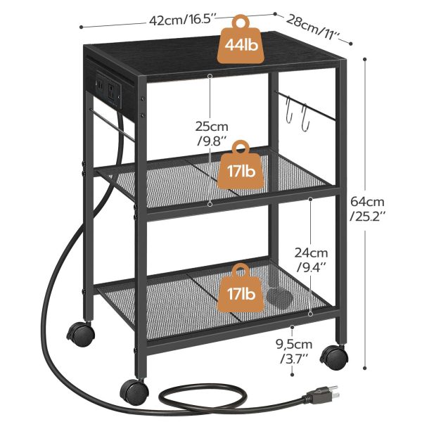 Industrial Printer Stand, 3-Tier Mobile Printer Table, Rolling Cart with Power Outlets and USB Ports, Home Printer Stand with 2 Hooks, Suitable for Office and Living Room, Black