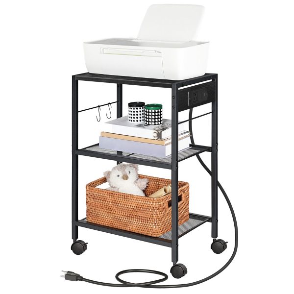 Industrial Printer Stand, 3-Tier Mobile Printer Table, Rolling Cart with Power Outlets and USB Ports, Home Printer Stand with 2 Hooks, Suitable for Office and Living Room, Black
