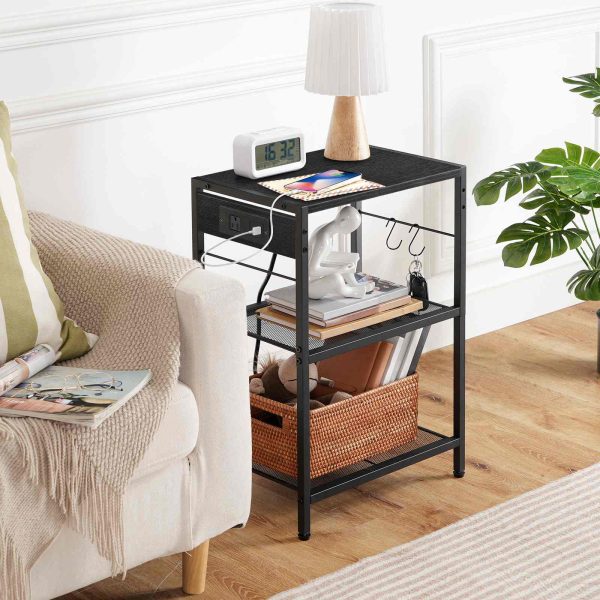 Industrial Printer Stand, 3-Tier Mobile Printer Table, Rolling Cart with Power Outlets and USB Ports, Home Printer Stand with 2 Hooks, Suitable for Office and Living Room, Black