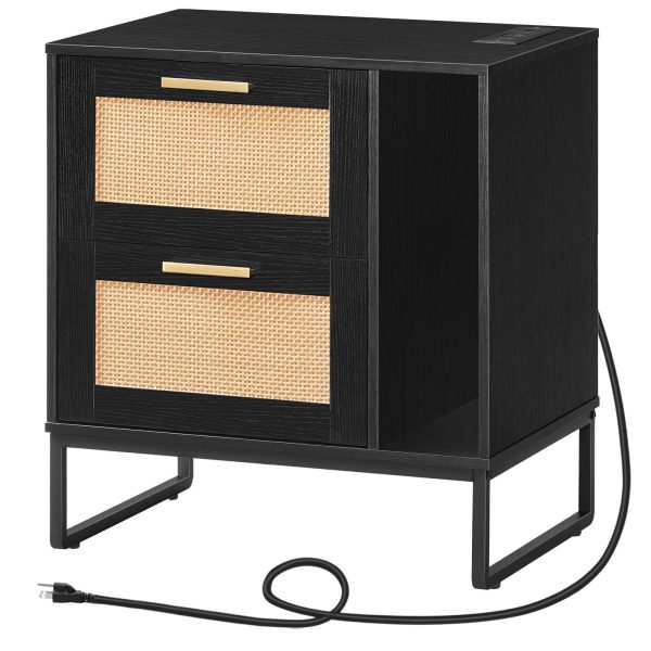 Mesita de noche estilo granja negra con estación de carga, Mesa auxiliar con 2 Cajones y compartimento de almacenamiento., Mesa decorativa tipo ratán para dormitorio & Sala de estar