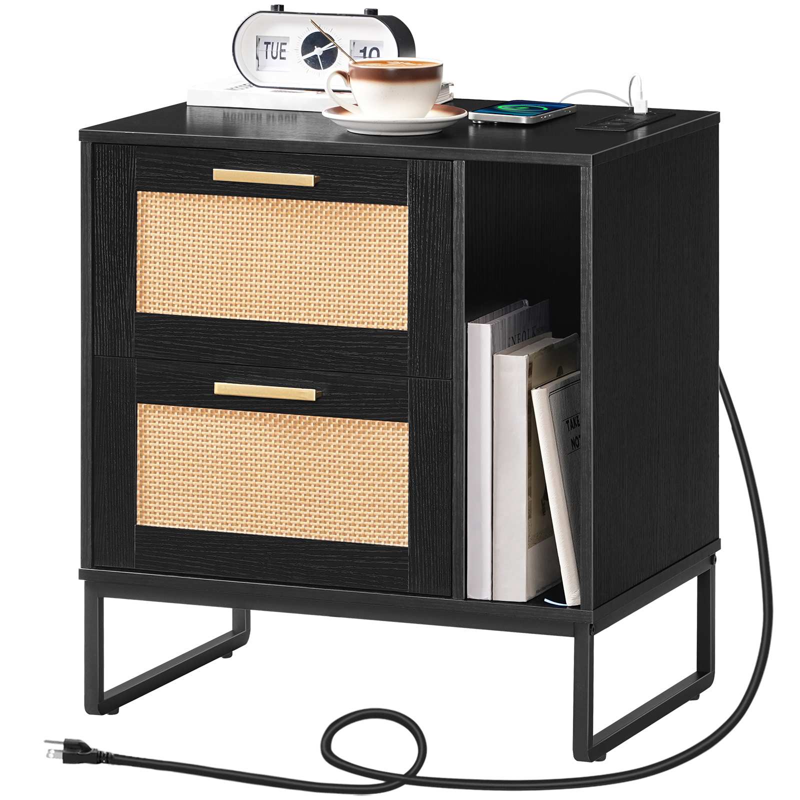 Black Farmhouse Nightstand with Charging Station, Príručný stolík s 2 Drawers and Storage Compartment, Rattan-Like Decor Accent Table for Bedroom & Obývacia izba