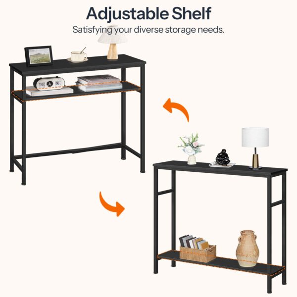 Console Table with Adjustable Shelf, 80cm Slim Hallway Table, 2-Tier Industrial Storage Sofa Table, Estrutura resistente, Preto, para sala de estar, Corredor, Escritório