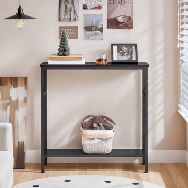 Console Table with Adjustable Shelf, 80cm Slim Hallway Table, 2-Tier Industrial Storage Sofa Table, Estrutura resistente, Preto, para sala de estar, Corredor, Escritório