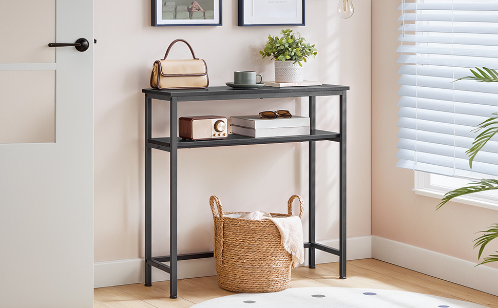 Console Table with Adjustable Shelf, 80cm Slim Hallway Table, 2-Tier Industrial Storage Sofa Table, Estrutura resistente, Preto, para sala de estar, Corredor, Escritório