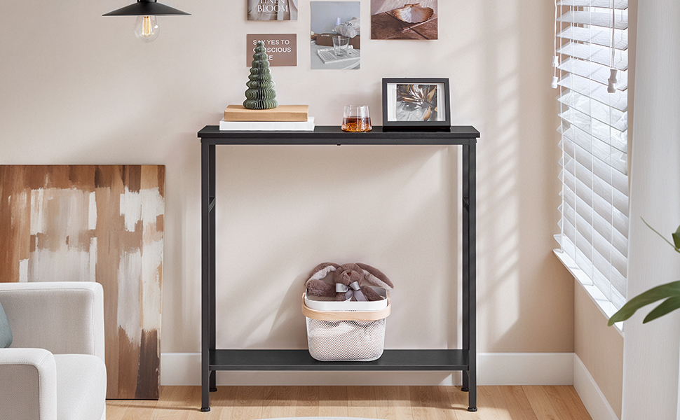 Console Table with Adjustable Shelf, 80cm Slim Hallway Table, 2-Tier Industrial Storage Sofa Table, Estrutura resistente, Preto, para sala de estar, Corredor, Escritório