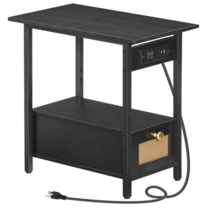 end table with charging station, narrow side table with drawer and usb ports & power outlets, nightstand bedside tables for small spaces, bedroom, living room, black