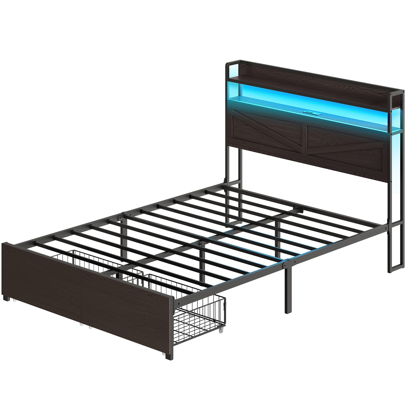 Black Full Size Metal Platform Bed Frame, Industrial-Style LED Bed with Charging Station Headboard and 2 Storage Drawers at Footboard, Není vyžadována žádná krabicová pružina