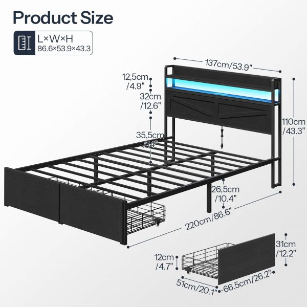 Sort fuld størrelse metal platform sengestel, LED-seng i industriel stil med ladestations sengegavl og 2 Opbevaringsskuffer ved fodplade, Ingen boksfjeder påkrævet