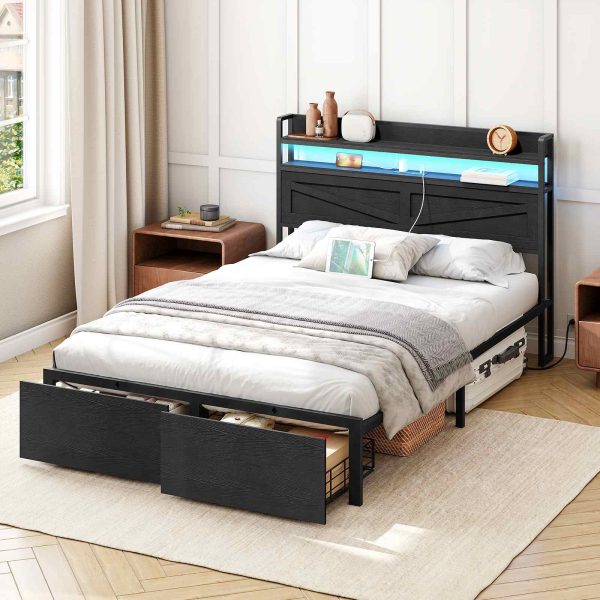 Sort fuld størrelse metal platform sengestel, LED-seng i industriel stil med ladestations sengegavl og 2 Opbevaringsskuffer ved fodplade, Ingen boksfjeder påkrævet