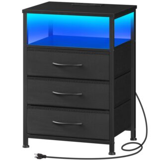 Zwart nachtkastje met laadstation en LED -licht, Nachtkastje met 3 Stoffen laden, Nachtstandaard met USB -poorten en uitlaat, Eindtafel voor slaapkamer, Slaapzaal