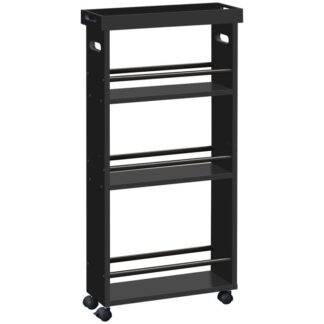 4-عربة تخزين رفيعة المستوى مع عجلات, عربة المطبخ المتداول من الخيزران مع صينية قابلة للإزالة, عربة الغسيل مع منظم رفوف مفتوح للمساحات الصغيرة في غرفة النوم, مطبخ, مغسلة, أسود