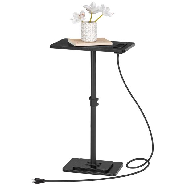 Adjustable Height End Table, 360° Swivel Narrow Side Table with Charging Station, Narrow Sofa Bedside Table for Small Space, Living Room, Bedroom, Black