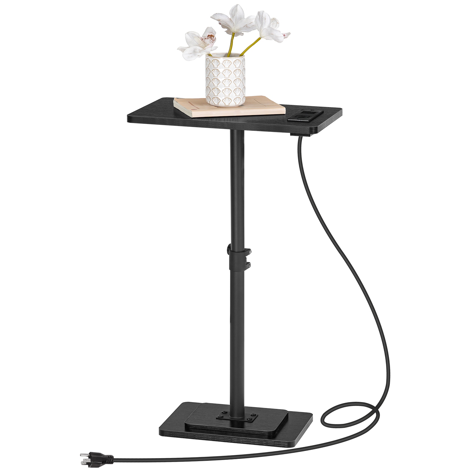 Adjustable Height End Table, 360° Swivel Narrow Side Table with Charging Station, Narrow Sofa Bedside Table for Small Space, Living Room, Bedroom, Black