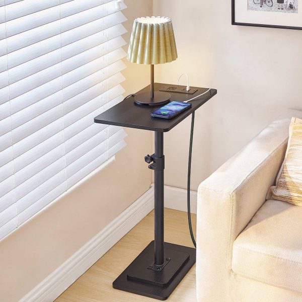 Adjustable Height End Table, 360° Swivel Narrow Side Table with Charging Station, Narrow Sofa Bedside Table for Small Space, Living Room, Bedroom, Black