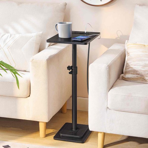 Adjustable Height End Table, 360° Swivel Narrow Side Table with Charging Station, Narrow Sofa Bedside Table for Small Space, Living Room, Bedroom, Black