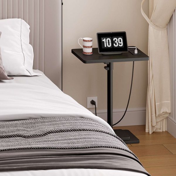 Adjustable Height End Table, 360° Swivel Narrow Side Table with Charging Station, Narrow Sofa Bedside Table for Small Space, Living Room, Bedroom, Black