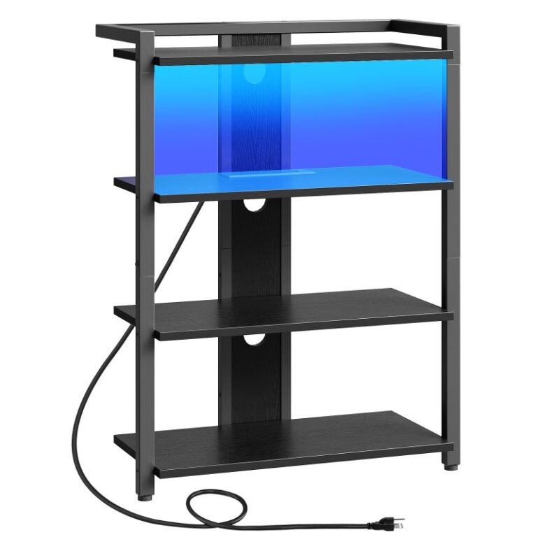 Black 4-Tier of Media Stand, Console multimediale con stazione di ricarica e luce a LED, Armadio stereo in legno, Stand televisivo d'angolo, Giradischi, Stand di dispositivo di intrattenimento