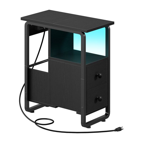 Narrow End Table with Charging Station and LED Lights, Black Slim Nightstand with 2 Fabric Drawers and Open Shelves, Suitable for Living Room and Bedroom