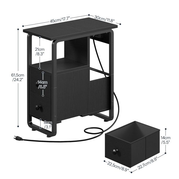 Narrow End Table with Charging Station and LED Lights, Black Slim Nightstand with 2 Fabric Drawers and Open Shelves, Suitable for Living Room and Bedroom