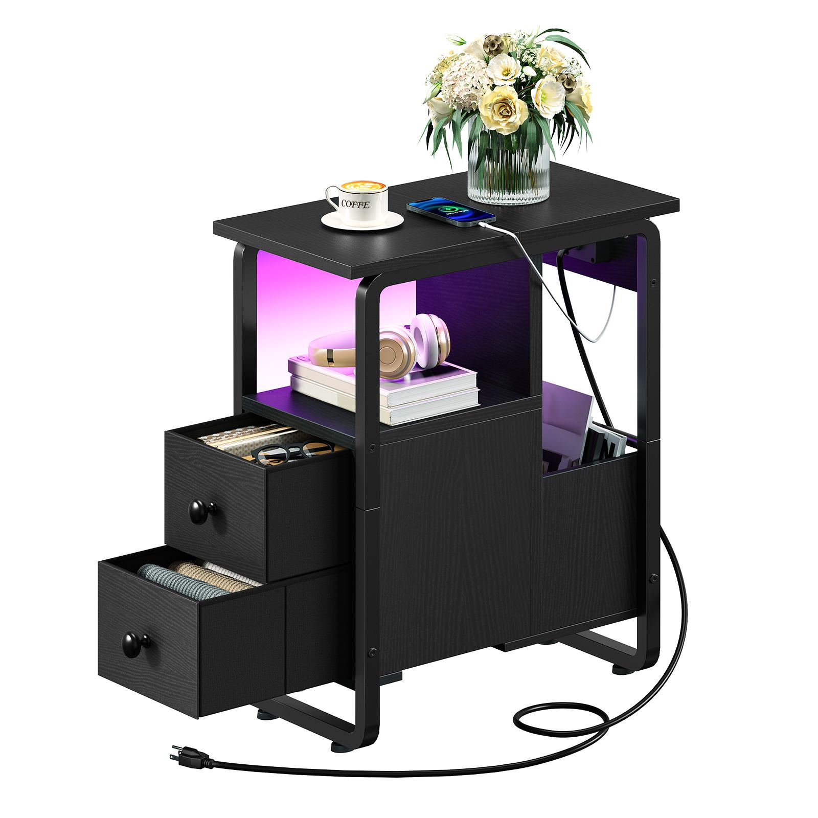 Narrow End Table with Charging Station and LED Lights, Black Slim Nightstand with 2 Fabric Drawers and Open Shelves, Suitable for Living Room and Bedroom