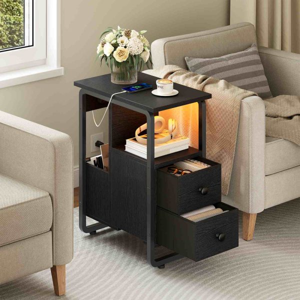 Narrow End Table with Charging Station and LED Lights, Black Slim Nightstand with 2 Fabric Drawers and Open Shelves, Suitable for Living Room and Bedroom