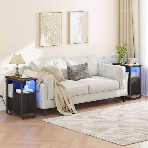 Narrow End Table with Charging Station and LED Lights, Black Slim Nightstand with 2 Fabric Drawers and Open Shelves, Suitable for Living Room and Bedroom
