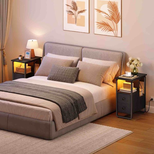 Narrow End Table with Charging Station and LED Lights, Black Slim Nightstand with 2 Fabric Drawers and Open Shelves, Suitable for Living Room and Bedroom