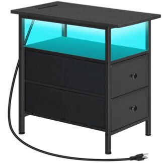 طاولة جانبية ضيقة أسود مع مصباح LED ومنفذ USB C, الوقوف الليلي مع محطة الشحن, طاولة نهاية نحيفة مع 2 أدراج القماش, لغرفة النوم, غرفة الجلوس